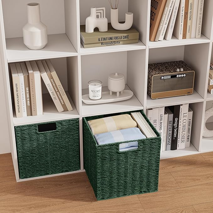 Vagusicc Wicker Storage Basket, Set of 2 Hand-Woven Paper Rope Wicker Basket, Foldable Cube Storage Bins, Square Large Storage Baskets for Organizing Shelves & Decor, Orange (13″×13″×13″)