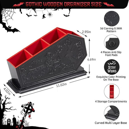 Gothic Coffin Decor Makeup Brush Holder,Spooky Witchy Gifts for Women,Bat Cosmetic Display Cases,Goth Decor Pen Holder, Vanity, Desk, Office Organizer for Bedroom Bathroom (Red)