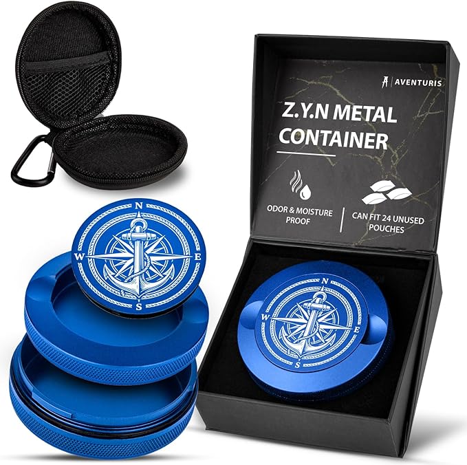 Premium Zyn Metal Can - Waterproof, Moisture & Odor Proof - Metal Zyn Container - Dip Can, Zyn Tin, Zyn Holder with Knurled Edges, Aluminum Zyn Can & Organizer (Mariner Electric Blue)