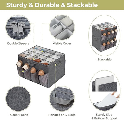 Shoe Organizer for Closet, Fits up to 24 Pairs, Fabric Shoe Box Storage Containers with Adjustable Dividers and Clear Cover, Grey, 2 Pack