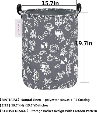 QUEENLALA Large Storage Basket,Laundry Hamper/Bathroom/Home Decor/Collapsible Round Storage Bin,Boys and Girls Hamper/Boxes/Clothing(Round-Grey space exploration)