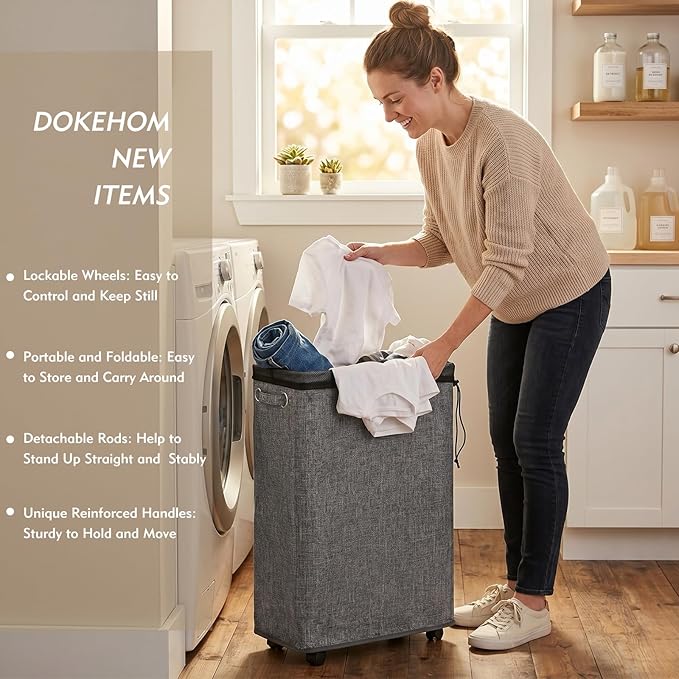 DOKEHOM 25-Inches Slim Laundry Basket on Wheels, Collapsible Rolling Laundry Hamper, Foldable Narrow Corner Clothes Storage Bins (Linen Grey)
