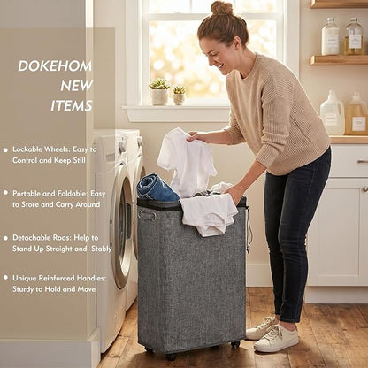 DOKEHOM 25-Inches Slim Laundry Basket on Wheels, Collapsible Rolling Laundry Hamper, Foldable Narrow Corner Clothes Storage Bins (Linen Grey)