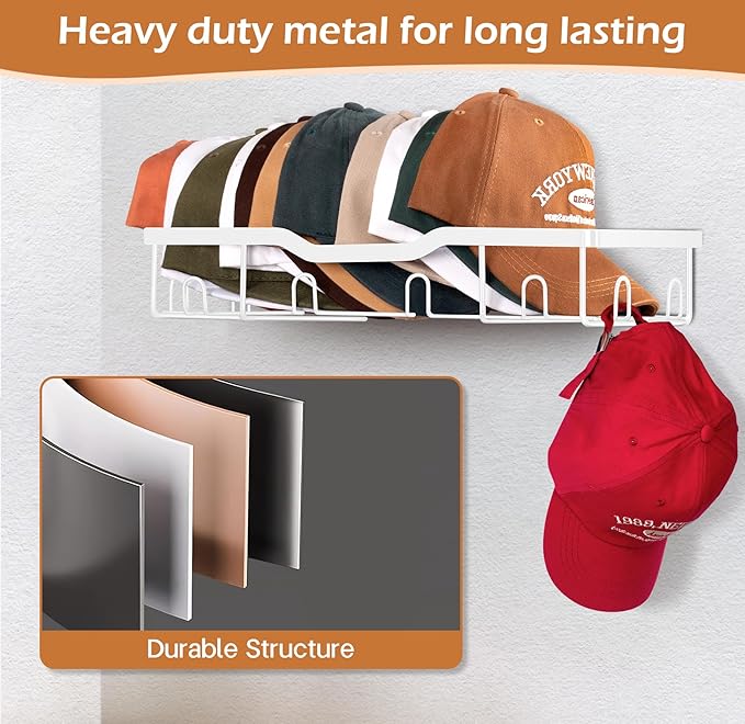 KEETDY Metal Hat Racks for Baseball Caps Wall Hat Organizer Fit 20 Caps Holder, 2 Packs Sturdy Wall Mounted Hat Storage Organizer, White