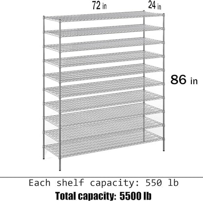 24" Deep x 72" Wide x 86" Height Wire Shelving Kit | 10-Tier | NSF Commercial Storage Rack Unit