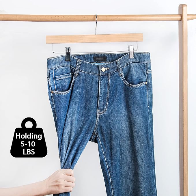Nature Smile Wooden Pants Hangers Skirt Hanger Solid Lotus Wood Jeans Bottom Hanger with Clips Natural Color(20 Pack)