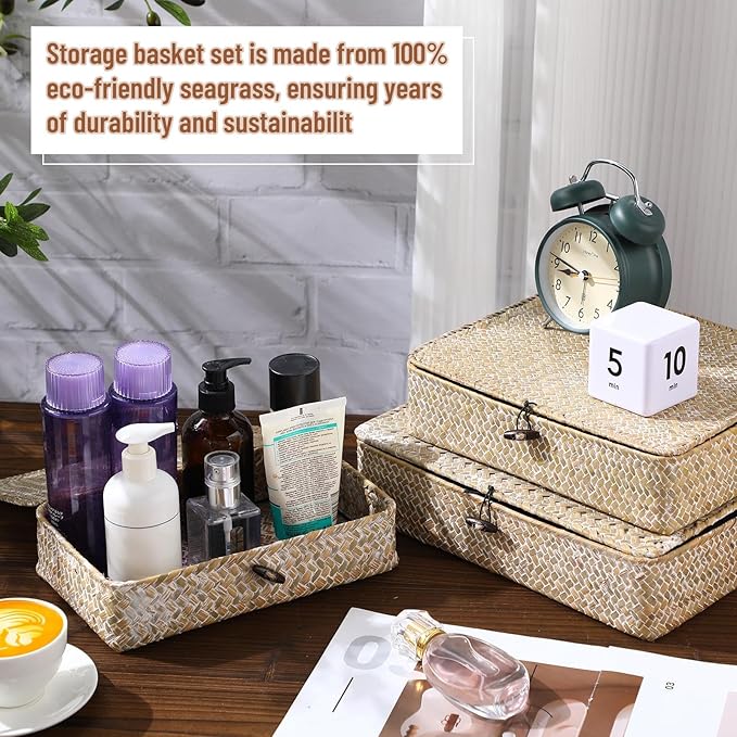 Didaey Set of 4 Seagrass Basket with Lid Wicker Storage Basket Decorative Storage Boxes with Lids Flat Storage Bins Woven Organizer Baskets for Shelf Closet Bedroom, 4 Sizes (White)