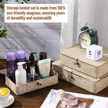 Didaey Set of 4 Seagrass Basket with Lid Wicker Storage Basket Decorative Storage Boxes with Lids Flat Storage Bins Woven Organizer Baskets for Shelf Closet Bedroom, 4 Sizes (White)