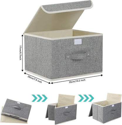 Storage Boxes, Collapsible Storage Bins with Lids, Cotton and linen cloth Storage Baskets with Handle, for Books, Closet, Bedroom, Home, Grey, 3 Pack 10.2 X 7.9 X 6.7in