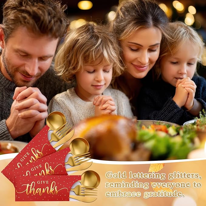 Eaasty 100 Pcs Thanksgiving Utensil Holder, Gold Foil Give Thanks Silverware Bag Disposable Silverware Sleeves Cutlery Holder for Thanksgiving Table Decoration Fall Harvest Party Supplies(Dark Red)