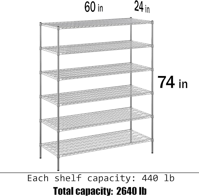24" Deep x 60" Wide x 74" Height Wire Shelving Kit | 6-Tier | NSF Commercial Storage Rack Unit