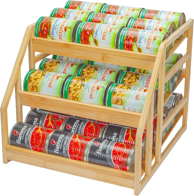MinBoo Bamboo Can Rack Organizer, 3 Tier Stackable Can Storage Dispenser, for Food Storage,Canned Goods Organizer for Kitchen Cabinets or Pantry,Storage for 36 Cans