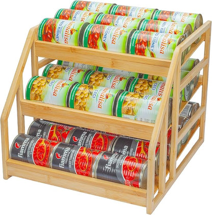 MinBoo Bamboo Can Rack Organizer, 3 Tier Stackable Can Storage Dispenser, for Food Storage,Canned Goods Organizer for Kitchen Cabinets or Pantry,Storage for 36 Cans