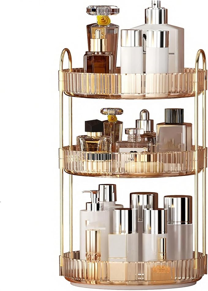 YCIA&DONE 360 Rotating Makeup Organizer and Storage for Vanity Countertop 3 Tiers, High Capacity Cosmetic Skincare Perfume Organizers for Dresser Bathroom Lazy Susan (Amber Gold)