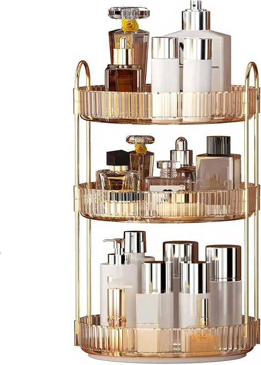 YCIA&DONE 360 Rotating Makeup Organizer and Storage for Vanity Countertop 3 Tiers, High Capacity Cosmetic Skincare Perfume Organizers for Dresser Bathroom Lazy Susan (Amber Gold)