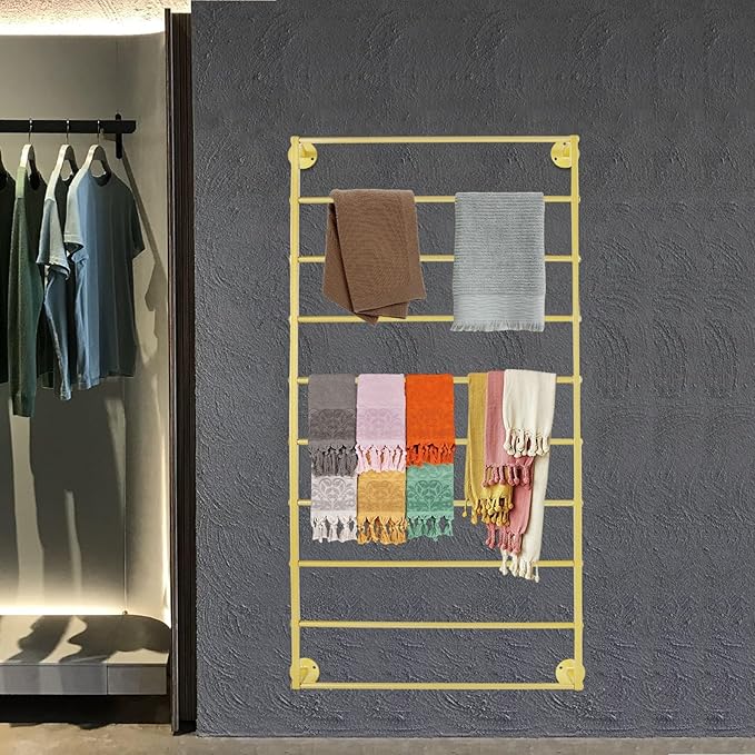 Wall Mounted Scarf Rack 10 Tier Scarf Display Stand Gold Metal Scarf Holder Organizer Rack Commercial Clothing Flower Store Wall Mounted Ribbon Storage Rack for Towel Scarf Ribbon