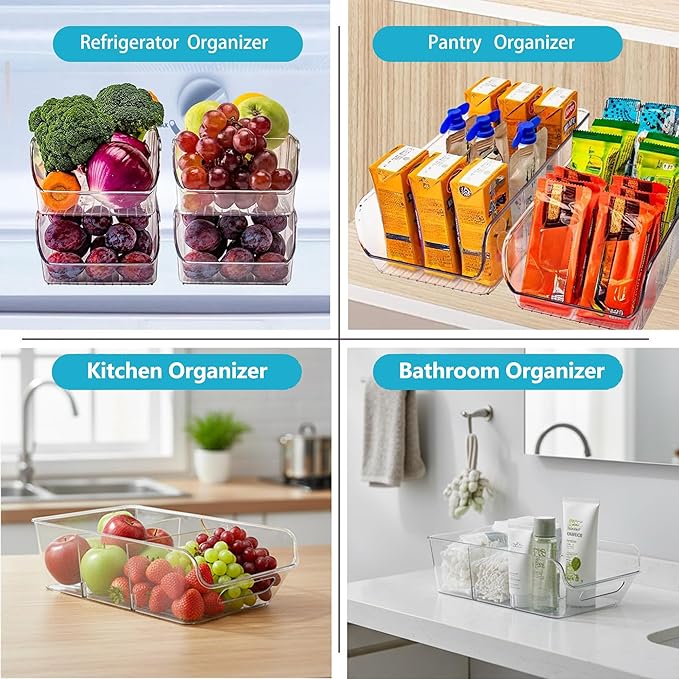 4 Pack Pantry Organizers,Clear Plastic Organizer Bins for Kitchen,Fridge,Drawer Organization and Storage,3 compartment Snack Containers for Spice Packets,Tea bag