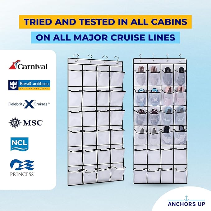Cruise Cabin Over Door Organizer for Shoes, Toiletries and Accessories – 24 Pockets – Tested on All Cruise Lines such as Carnival, Royal Caribbean, Celebrity, Norwegian etc – Cruise Essentials
