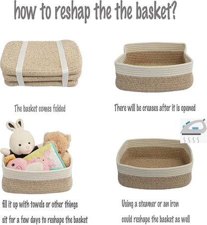 XUANGUO Small Woven Storage Baskets 12“X8”X5“ Decorative Rope Bins for Organizing Shelves, Closets, and Toys, Empty Gift Baskets, Cute Organizer Basket for Home and Office (white and brown regular)