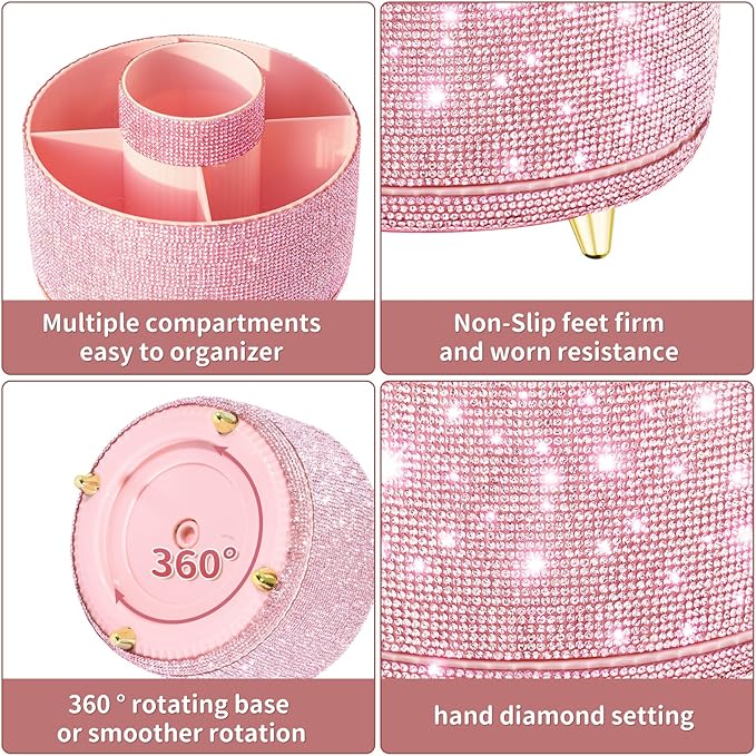 fanado Bling Diamond Makeup Brush Holder, 360° Rotating Makeup Organizer, 5 Slot Make up Brushes Cup for Countertop, Storage for Cosmetics Pen Eyeliner Skincare on the Vanity (Diamond Pink)