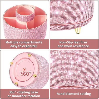 fanado Bling Diamond Makeup Brush Holder, 360° Rotating Makeup Organizer, 5 Slot Make up Brushes Cup for Countertop, Storage for Cosmetics Pen Eyeliner Skincare on the Vanity (Diamond Pink)