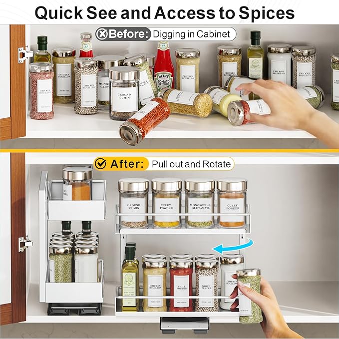 iSPECLE Vertical Spice Rack Pull Out - 1 Pack Rotate No-Drill Slide Out Spice Rack for Cabinet Swivel Easy Access Spices, Adjust Height for 4oz to 8oz Spice Jars Inside Kitchen Pantry Cabinet, Black