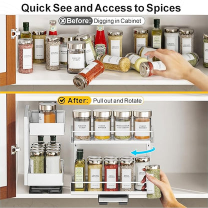 iSPECLE Vertical Spice Rack Pull Out - 1 Pack Rotate No-Drill Slide Out Spice Rack for Cabinet Swivel Easy Access Spices, Adjust Height for 4oz to 8oz Spice Jars Inside Kitchen Pantry Cabinet, Black