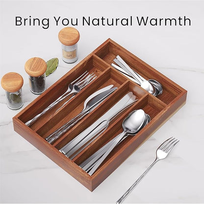 Fibogollo Silverware Organizer Acacia Wood Kitchen Drawer Organizer with 5 Slots Flatware Organizer Tray for Kitchen, Flatware, Utensils