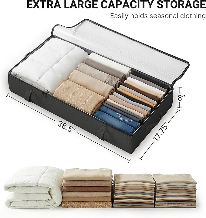 TidyCorner 2-Pack Under Bed Storage Containers, 8 Inches Tall Underbed Clothes Storage Organizer Bin with Sturdy Sidewalls/Bottom, Under the Bed Storage Bags 2 Storage Bins, Black