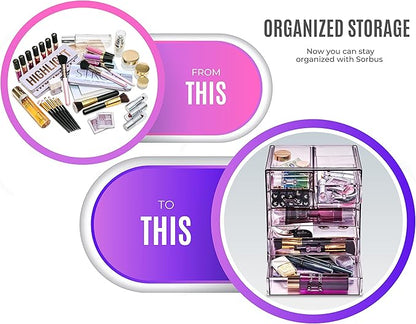 Sorbus Acrylic Makeup Organizer Set, 7-Drawer Vanity & Countertop Cosmetic Storage with Small & Wide Drawers, Purple Makeup Storage for Brushes, Lipsticks, Jewelry – Holiday Gift for Women & Teens
