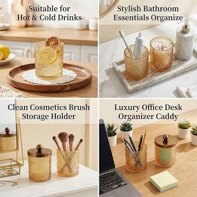Flrolove 4 Pack Amber Glass Qtip Holder Dispenser, Bathroom Canister Storage Organizer for Cotton Swabs, Balls, Pads, Floss Picks with Metal Lid - Vanity Makeup Organizer and Bathroom Essentials