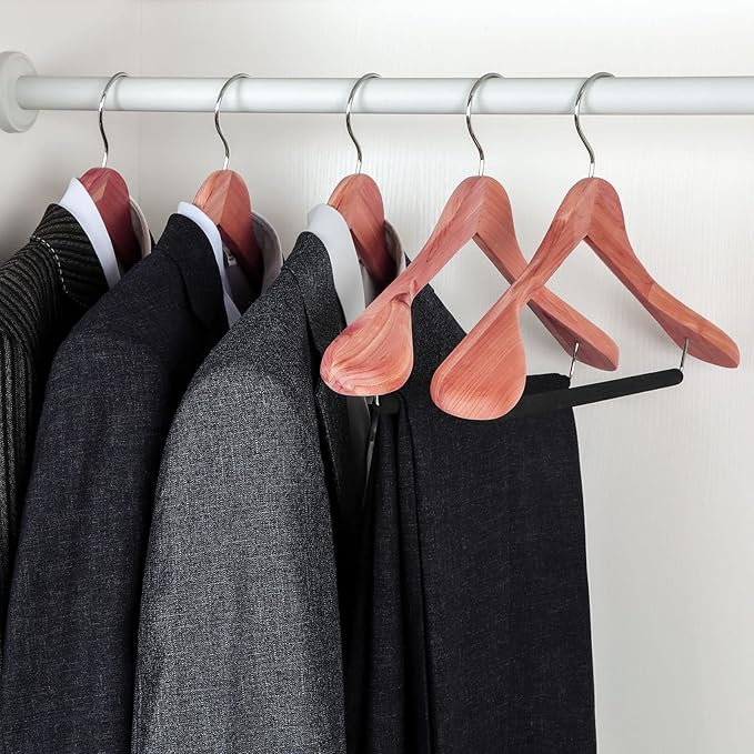 TOPIA HANGER Unfinished American Red Cedar Wood Coat Suit Hangers, Luxury Wooden Jacket Clothes Hangers, Wide Shoulder with Black Padded Pant Bar- 360°Flexible Hook, 4 Pack- Natural- CT07W