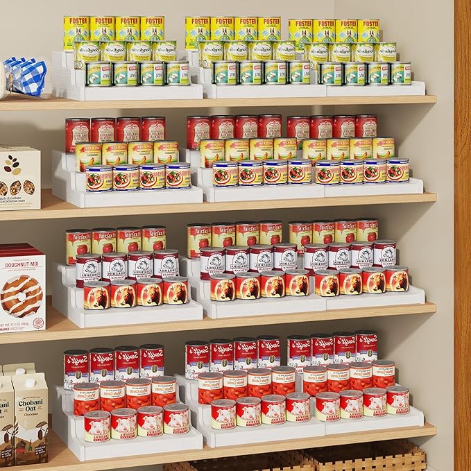 Expandable Bamboo Can Rack Organizer for Pantry, 3-Tier Adjustable Can Storage for Kitchen Cabinets, Soda & Canned Goods Holder for Pantry Organization, Holds Up to 24 Cans, White (Patent Pending)