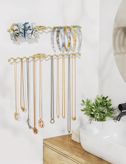 NiHome Wall Mounted Metal Jewelry Organizer Racks for Necklaces, Earrings, Bracelets, Rings, Decorative Display Wave Design Storage Holders for Bedroom, Bathroom, Kitchen, Entryway (4-Pack, Gold)