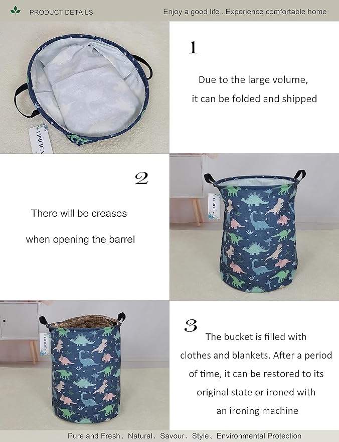 Round Waterproof Laundry Basket,Foldable Storage Basket,Laundry Hampers with Handle,Gift Basket,Suitable for Children's Room and Toy Storage (Blue Dinosaur)
