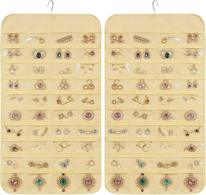 2pcs Hanging Jewelry Organizer,80 Clear Pockets earring organizer and storage, Accessories holder organizer for Closet Jewelries Necklace Travel