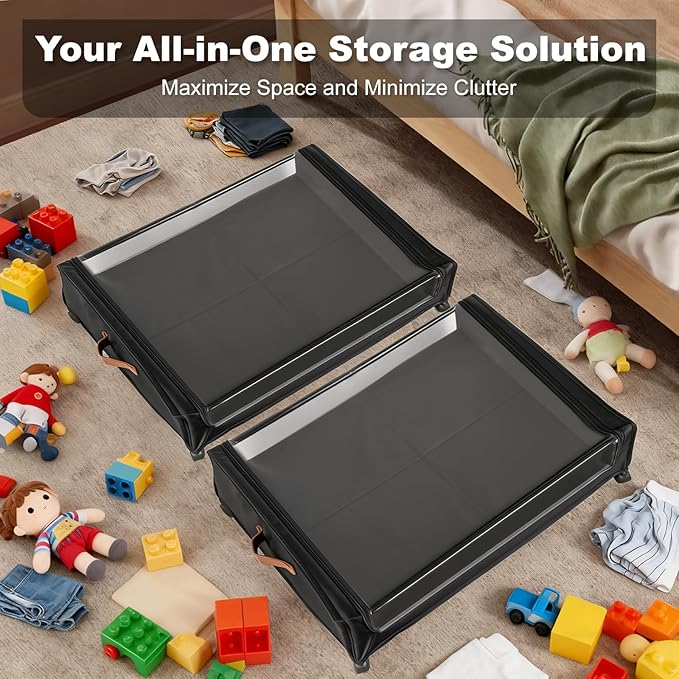 80L Larger Under Bed Storage with Wheels, 2-Pack XXL Underbed Shoe Storage with Clear Lid, Easy Pull-out Rolling Under Bed Storage Containers, Underbed Storage Bins for Clothes, Shoes, Black