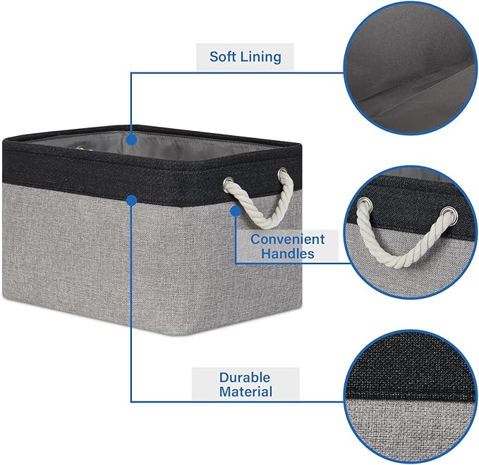 Temary Fabric Storage Baskets 4Pack Storage Bins Decorative Basket for Gift, Clothes Bin with Rope Handle, Rectangle Baskets for Storage, Blankets(Black&Gray,15x11x9.5 inch)
