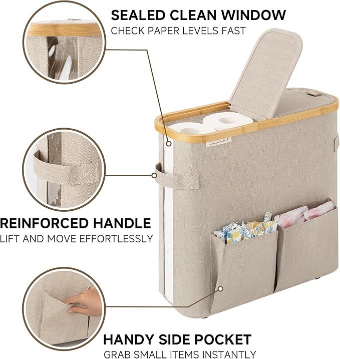 StorageWorks Toilet Paper Storage Baskets with Dual Flip Lids, Toilet Paper Organizer for Bathroom, Toilet Paper Container with Side Pocket, Holds 9 Mega or 12 Regular Rolls, Medium, Light Khaki