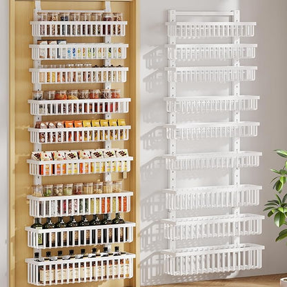 POKIPO 9 Tier Over The Door Pantry Organizer, 2 in 1 Wall Mount or Hanging Spice Rack with Adjustable Deep Basket, Heavy-Duty Seasoning Organizer and Storage for Kitchen Cabinet Closet Bathroom