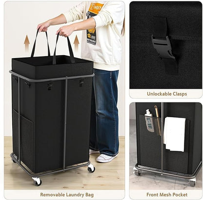 40 Gal Large Laundry Hamper with Lid, Rolling Laundry Basket with Wheels, Oxford Fabric Dirty Clothes Hampers with Removable Laundry Bag & Metal Frame for Bedroom, Laundry Room, Bathroom, Dorm(Black)