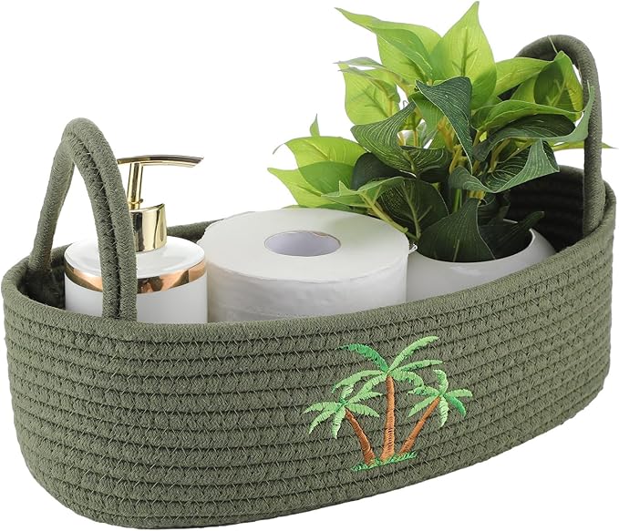 Vesici Coconut Palm Tree Woven Storage Basket for Toilet Tank Top Tropical Beachy Cotton Rope Bathroom Countertop Organizer Basket with Handle Summer Green Bathroom Decor for Bedroom, 13 x 6 x 4 Inch