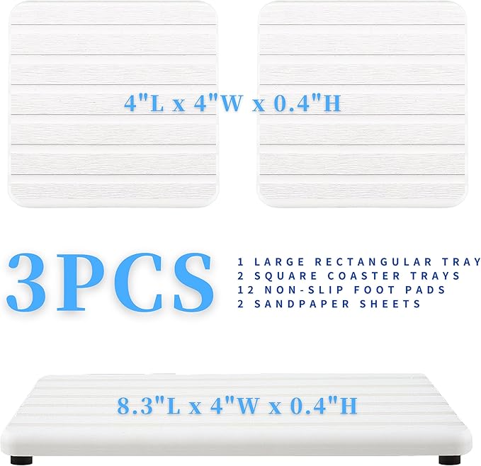 3PCS Water Absorbing Stone Tray, Premium Diatomite Soap Holder & Coaster Mats for Bathroom and Kitchen Sink, Fast Dry Sink Organizer for Countertop with Non-Slip Base, 8.3 x 4 & 4 x 4 Inches, White