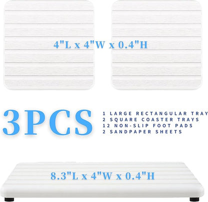 3PCS Water Absorbing Stone Tray, Premium Diatomite Soap Holder & Coaster Mats for Bathroom and Kitchen Sink, Fast Dry Sink Organizer for Countertop with Non-Slip Base, 8.3 x 4 & 4 x 4 Inches, White