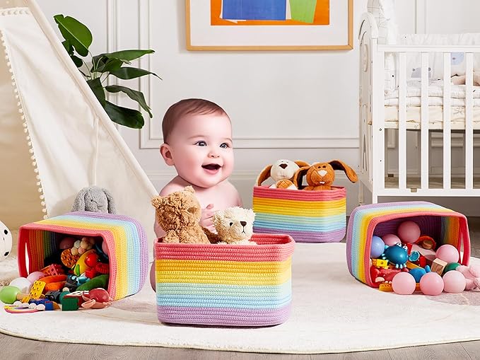 Set of 4 Rainbow Rope Basket for Shelves Woven Rectangle Storage Basket Bins for Nursery Toy Storage for Baby Girl