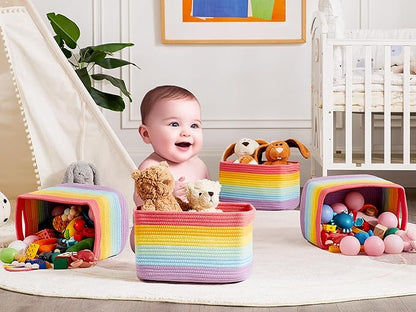 Set of 4 Rainbow Rope Basket for Shelves Woven Rectangle Storage Basket Bins for Nursery Toy Storage for Baby Girl