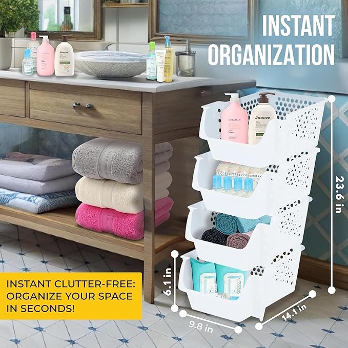 TidyFriend 4 Pack Stackable Storage Bins Open Front for Pantry Organizers and Storage, Plastic Storage Bins, Dorm Room Essentials, Pantry Storage for Snacks, Toiletries, and Small Essentials (White)
