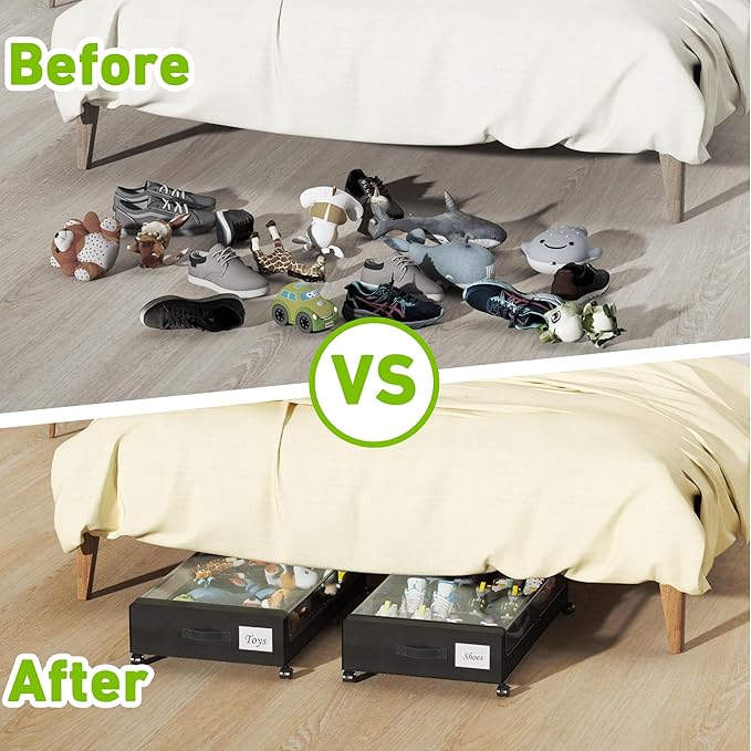 Tututry Under Bed Storage with Wheels, XXL 60L Under the Bed Storage Bins, Underbed Storage Containers with Lids & Label, Rolling Metal Drawer for Shoes, Clothes, Books, Toys (4-Pack Black)