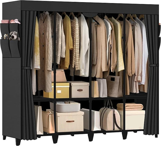 Wardrobe Closet, Quick and Easy Assembly, Black Large Capacity Portable Closet with 4 Hanging Rods 8 Storage Shelves and 8 Side Pockets, Clothes Rack with Cover, for Bedroom and Living Room