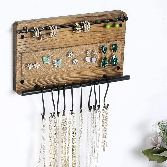 MyGift Wall Mounted Jewelry Organizer, Burnt Wood and Black Metal Necklace Holder, Bracelet, Earring Display Storage Rack with 10 Hanging S-Hooks